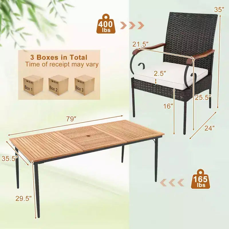 Costway Ensemble de salle à manger d'extérieur 9 pièces avec plateau de table en bois d'acacia et trou pour parasol de 1,9 po