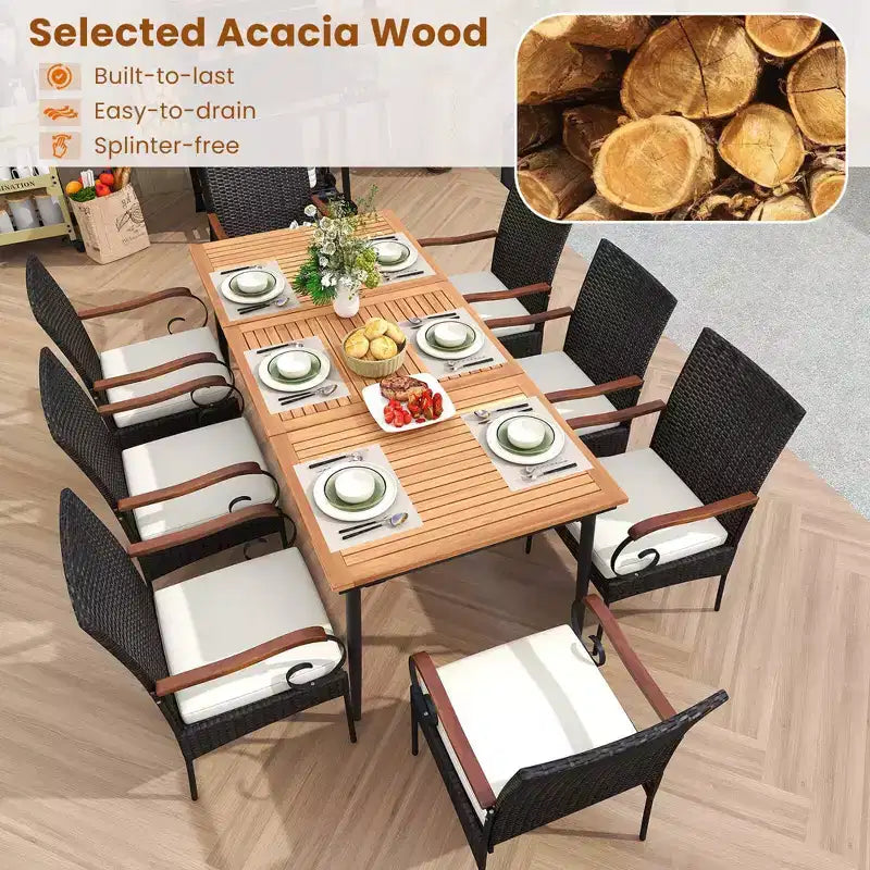 Costway Ensemble de salle à manger d'extérieur 9 pièces avec plateau de table en bois d'acacia et trou pour parasol de 1,9 po
