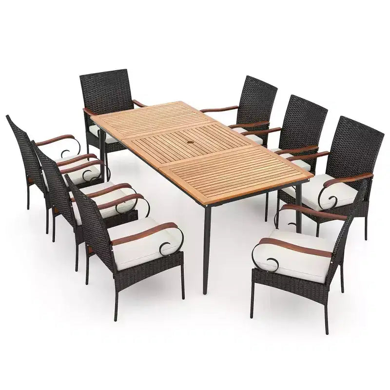 Costway Ensemble de salle à manger d'extérieur 9 pièces avec plateau de table en bois d'acacia et trou pour parasol de 1,9 po