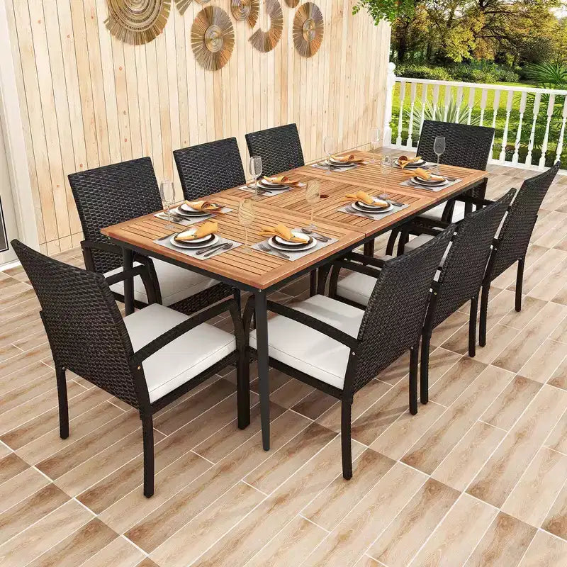 Costway 9 PCS Patio Dining Set Outdoor Acacia Wood Dining Table with 1.9 Umbrella Hole