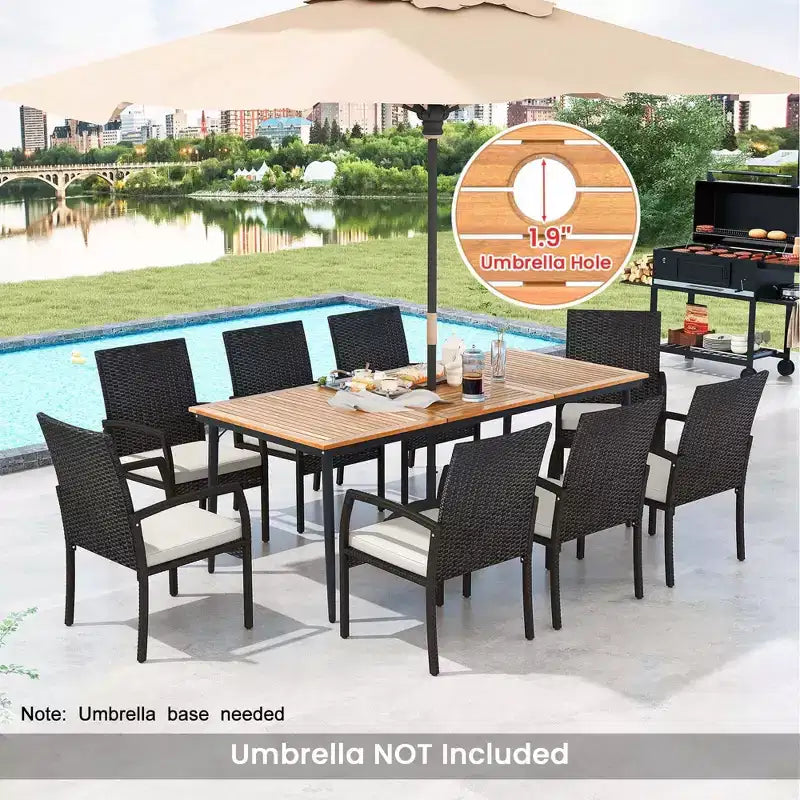 Costway 9 PCS Patio Dining Set Outdoor Acacia Wood Dining Table with 1.9 Umbrella Hole