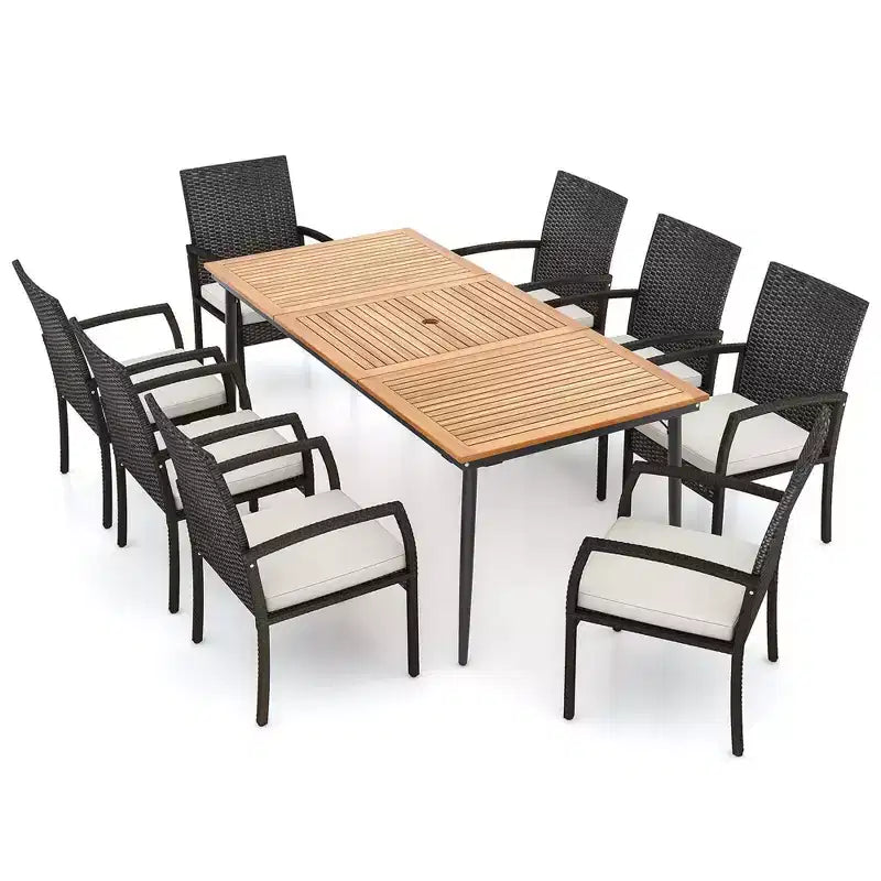 Costway 9 PCS Patio Dining Set Outdoor Acacia Wood Dining Table with 1.9 Umbrella Hole