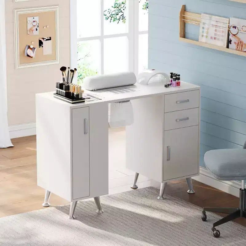 Table de manucure de 42 po pour prothésiste ongulaire avec dépoussiéreur et repose-poignet, table à ongles avec casier vertical coulissant, 1 armoire de rangement, 2 tiroirs