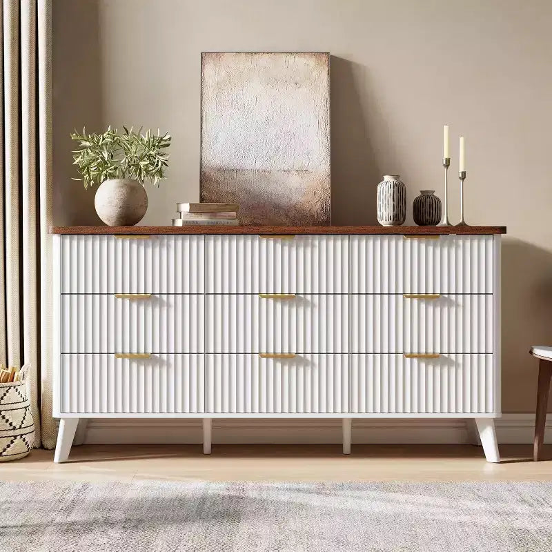 Fluted 9-Drawer Dresser, 60.6 Wide Wood Chest of Drawers with Deep Storage, for Bedroom, Living Room, or Hallway Use