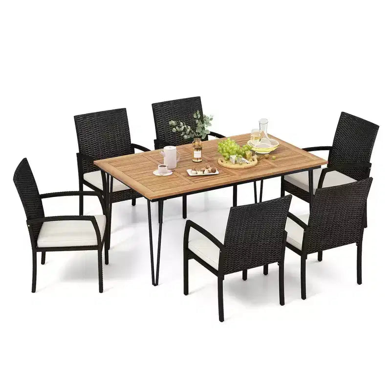 Costway 7 PCS Patio Dining Set with Acacia Wood Dining Table Rattan Armchairs Soft Cushions