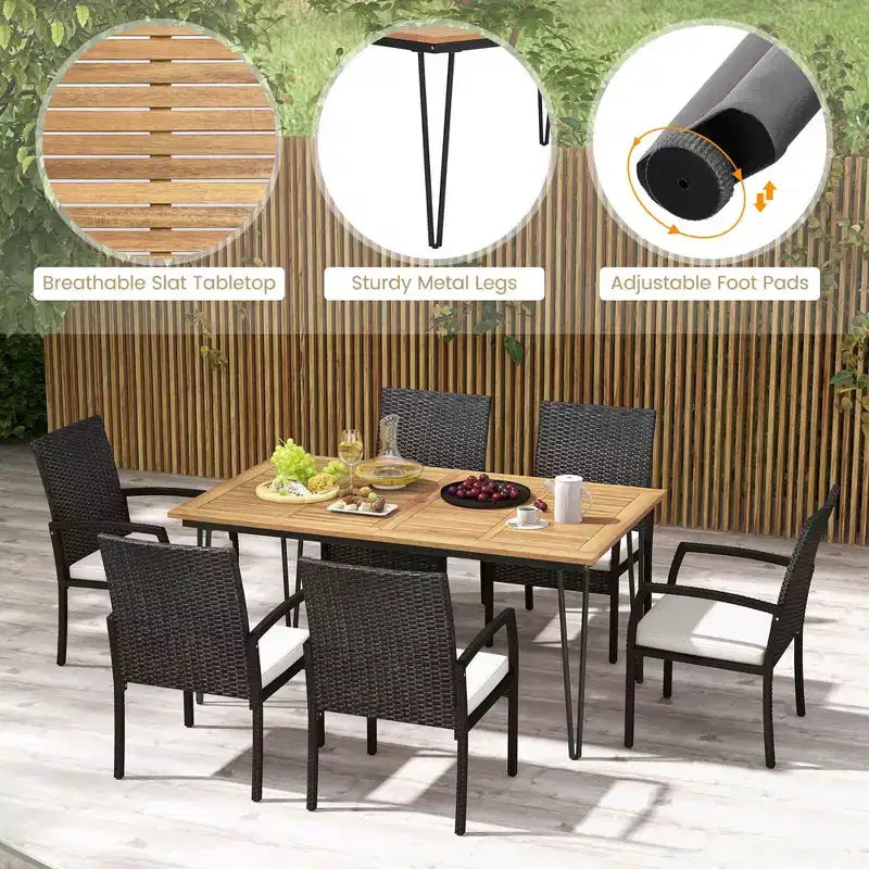 Costway 7 PCS Patio Dining Set with Acacia Wood Dining Table Rattan Armchairs Soft Cushions