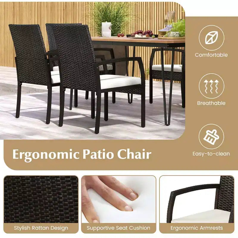 Costway 7 PCS Patio Dining Set with Acacia Wood Dining Table Rattan Armchairs Soft Cushions