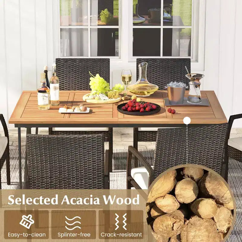 Costway 7 PCS Patio Dining Set with Acacia Wood Dining Table Rattan Armchairs Soft Cushions