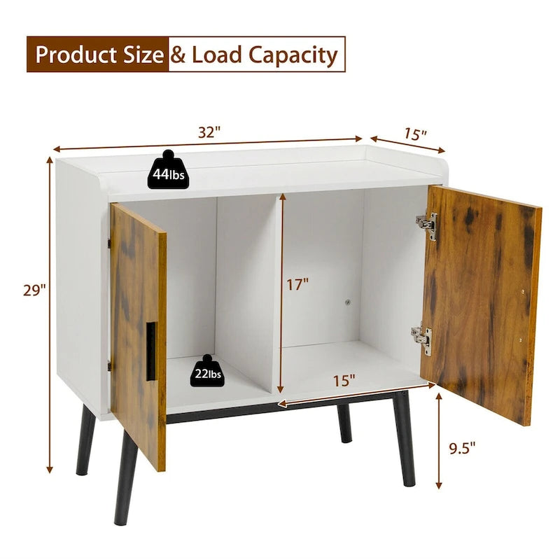 Aparador de 2 puertas en blanco y marrón rústico – MDF y patas metálicas