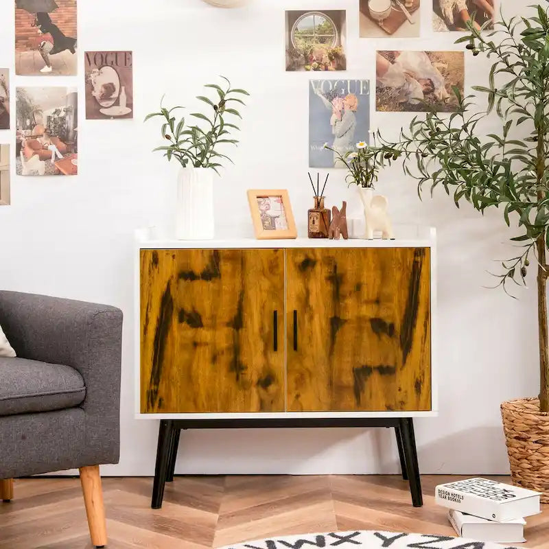 Aparador de 2 puertas en blanco y marrón rústico – MDF y patas metálicas
