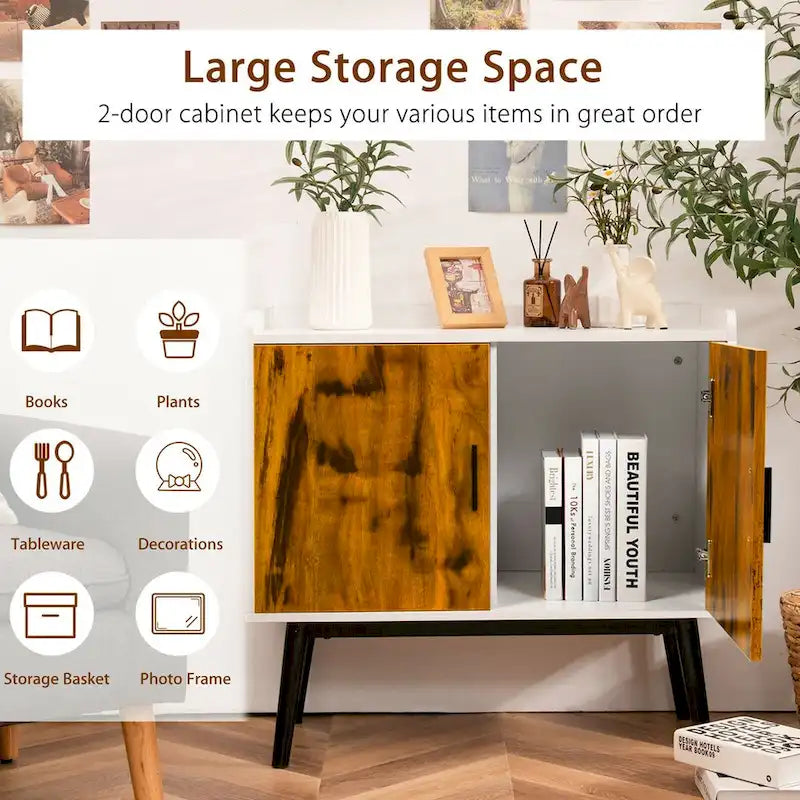 Aparador de 2 puertas en blanco y marrón rústico – MDF y patas metálicas