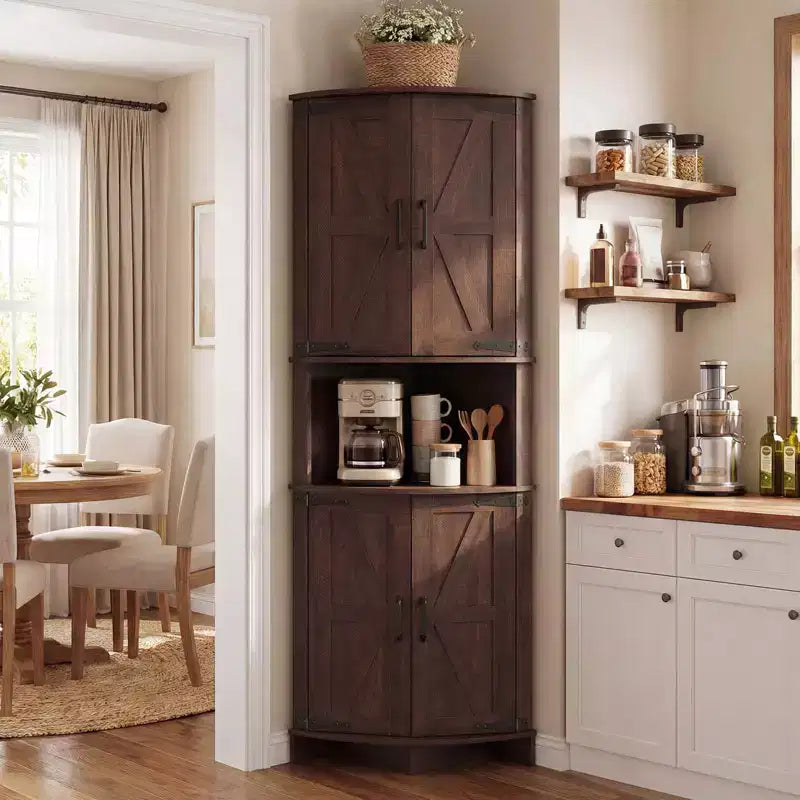 64.8 Tall Corner Cabinet with Doors, Brown Farmhouse Corner Storage Cabinet, Freestanding Corner Pantry Cabinet with Adjustable Shelves