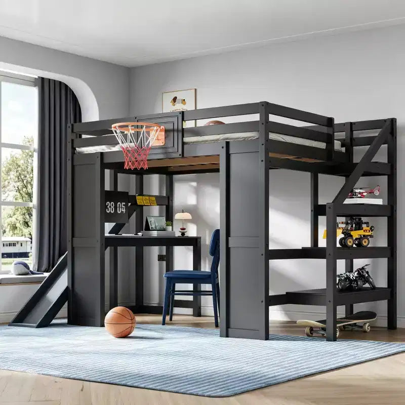 Luxystar Full Wooden Loft bed with Desk, Slide, Basketball hoop and Storage Staircase for Kids and Teens