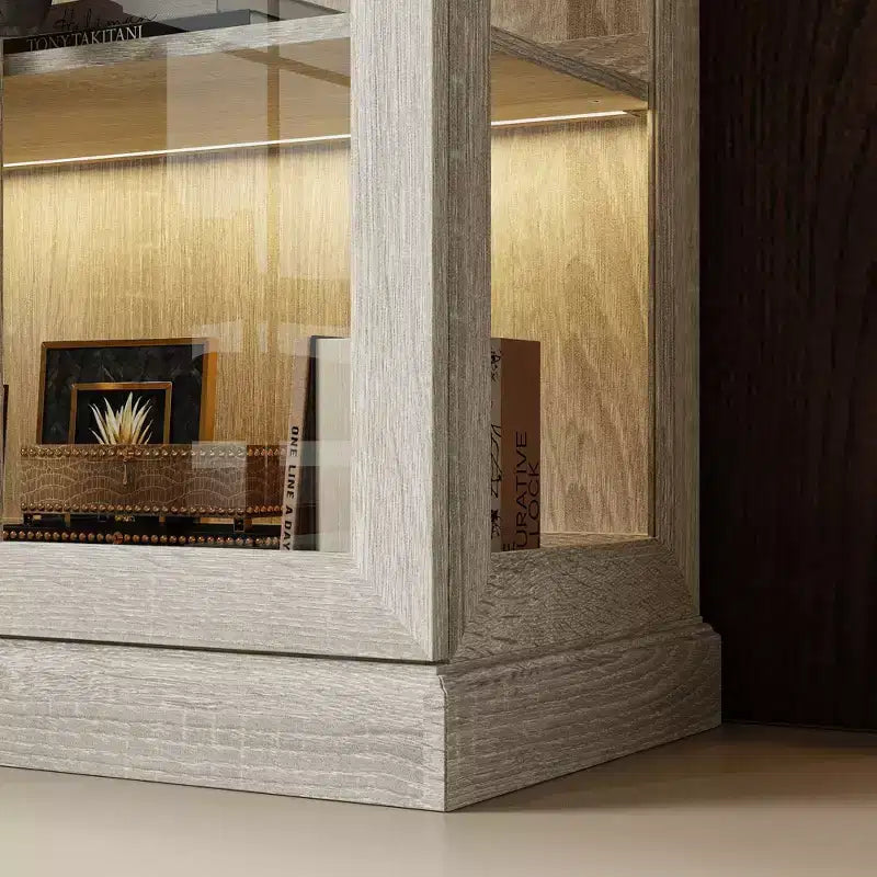 Famapy Bookcase Gray Oak Glass Display Cabinet wLED Light Strip, Tall Bookshelf with Doors Curio Storage Cabinet
