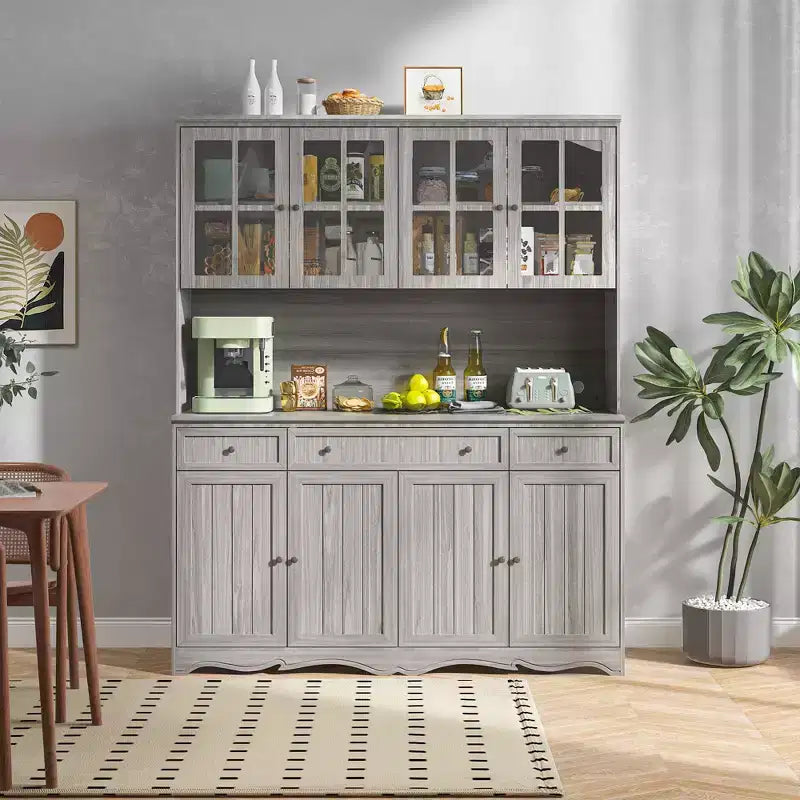 Famapy 61.2W Gray Storage Cabinet Buffet Hutch Kitchen Pantry Cabinet with Ornate Base Trim: Blend of Elegance and Utility