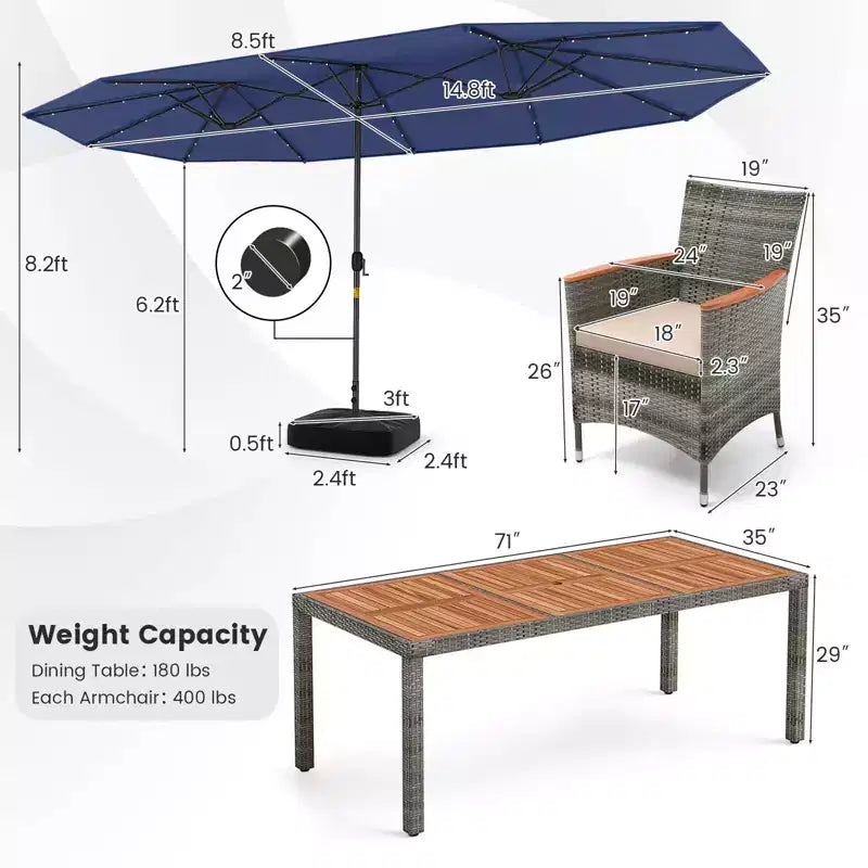 Costway 11 PCS Patio Dining Set with 15 ft Double-Sided Patio Umbrella 8 Armchairs Blue/Beige/Orange/Wine
