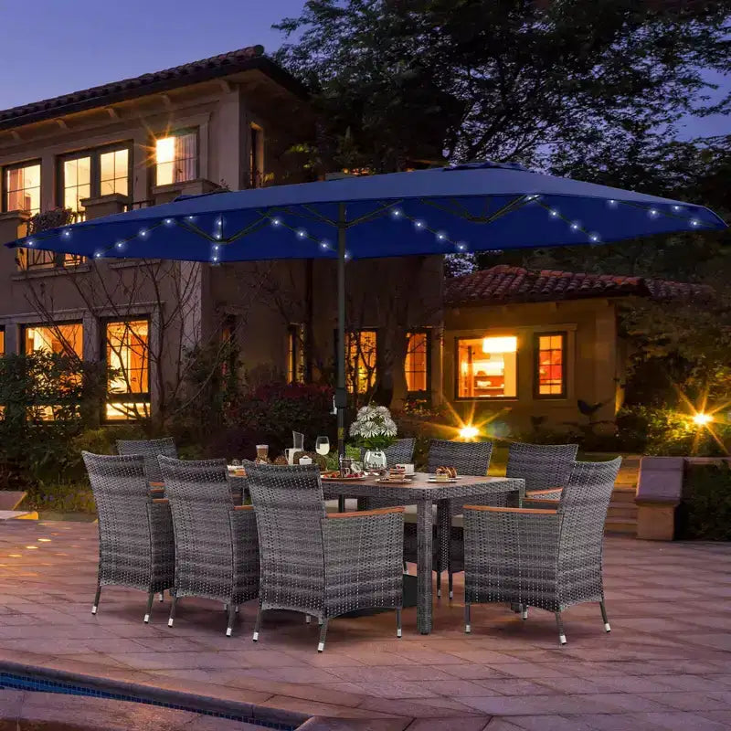 Costway 11 PCS Patio Dining Set with 15 ft Double-Sided Patio Umbrella 8 Armchairs Blue/Beige/Orange/Wine