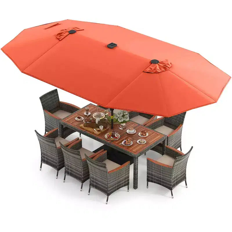 Costway 11 PCS Patio Dining Set with 15 ft Double-Sided Patio Umbrella 8 Armchairs Blue/Beige/Orange/Wine