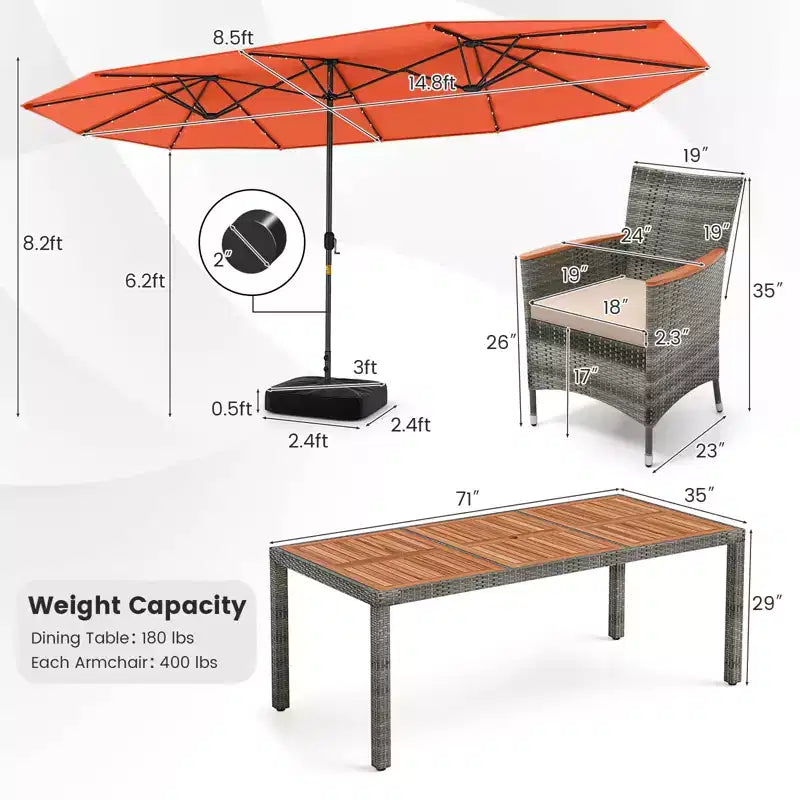Costway 11 PCS Patio Dining Set with 15 ft Double-Sided Patio Umbrella 8 Armchairs Blue/Beige/Orange/Wine