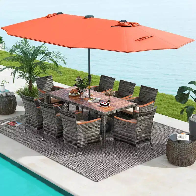 Costway 11 PCS Patio Dining Set with 15 ft Double-Sided Patio Umbrella 8 Armchairs Blue/Beige/Orange/Wine
