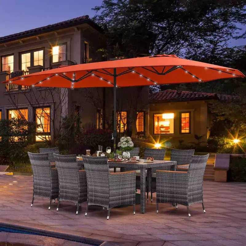 Costway 11 PCS Patio Dining Set with 15 ft Double-Sided Patio Umbrella 8 Armchairs Blue/Beige/Orange/Wine