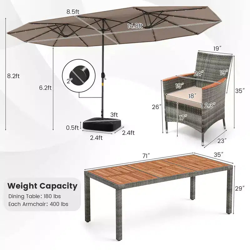 Costway 11 PCS Patio Dining Set with 15 ft Double-Sided Patio Umbrella 8 Armchairs Blue/Beige/Orange/Wine