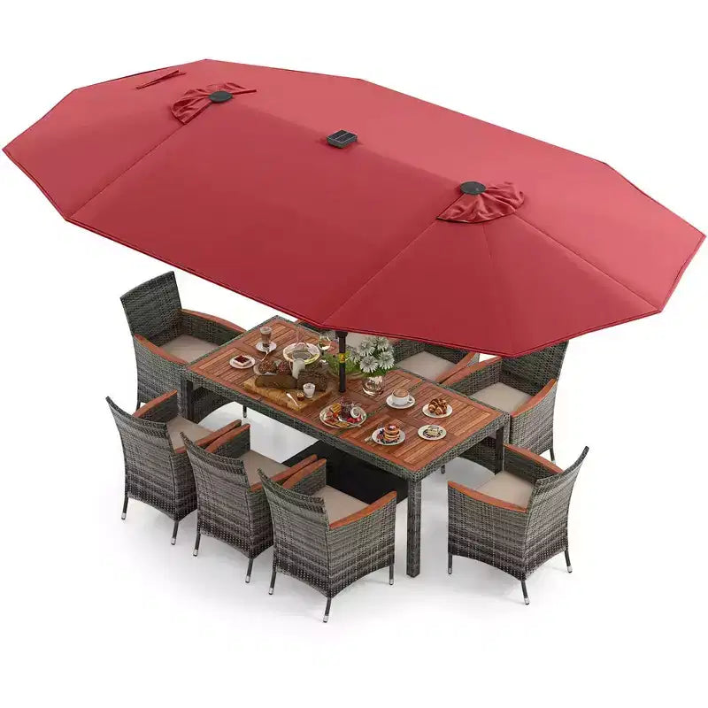Costway 11 PCS Patio Dining Set with 15 ft Double-Sided Patio Umbrella 8 Armchairs Blue/Beige/Orange/Wine