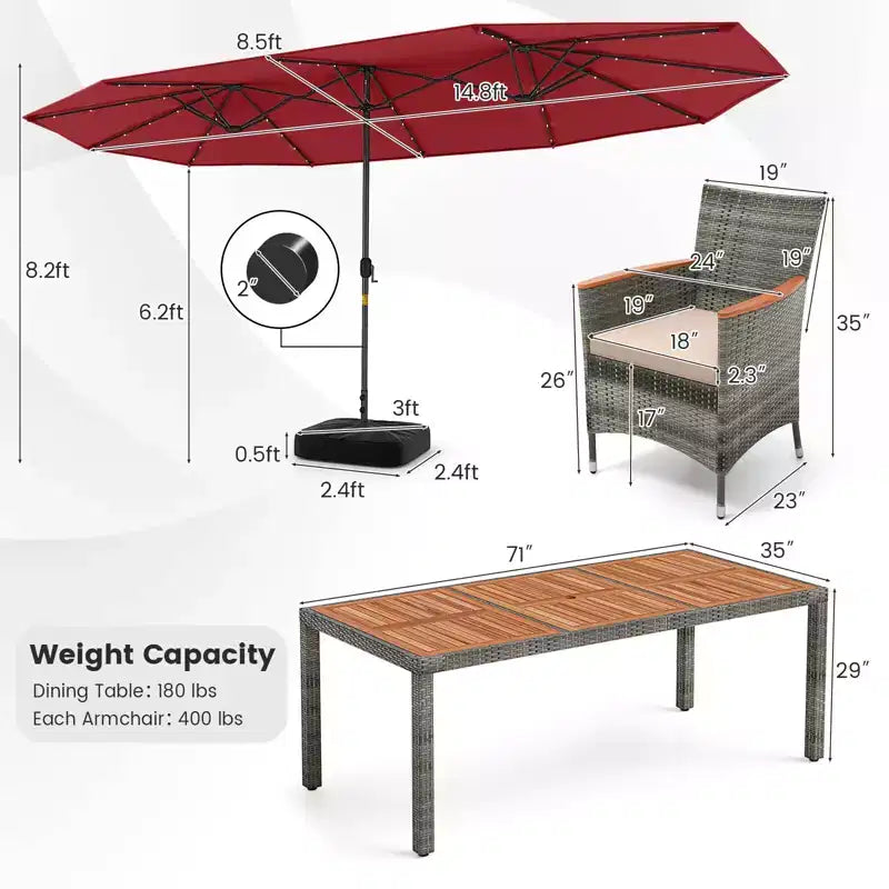 Costway 11 PCS Patio Dining Set with 15 ft Double-Sided Patio Umbrella 8 Armchairs Blue/Beige/Orange/Wine