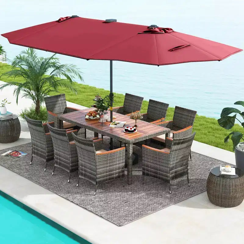 Costway 11 PCS Patio Dining Set with 15 ft Double-Sided Patio Umbrella 8 Armchairs Blue/Beige/Orange/Wine
