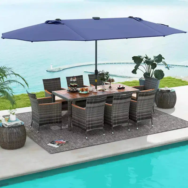 Costway 11 PCS Patio Dining Set with 15 ft Double-Sided Patio Umbrella 8 Armchairs Blue/Beige/Orange/Wine