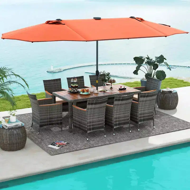Costway 11 PCS Patio Dining Set with 15 ft Double-Sided Patio Umbrella 8 Armchairs Blue/Beige/Orange/Wine