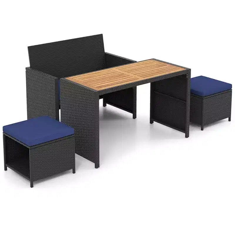 Costway 4 PCS Outdoor Dining Set, Rattan Loveseat Chair & 2 Ottomans Blue