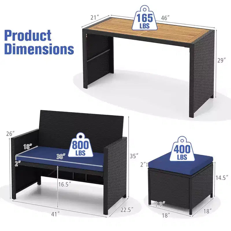 Costway 4 PCS Outdoor Dining Set, Rattan Loveseat Chair & 2 Ottomans Blue