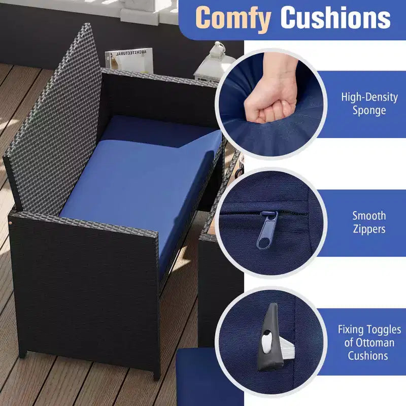 Costway 4 PCS Outdoor Dining Set, Rattan Loveseat Chair & 2 Ottomans Blue