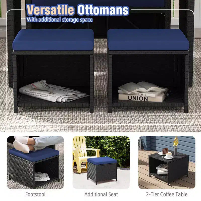 Costway 4 PCS Outdoor Dining Set, Rattan Loveseat Chair & 2 Ottomans Blue