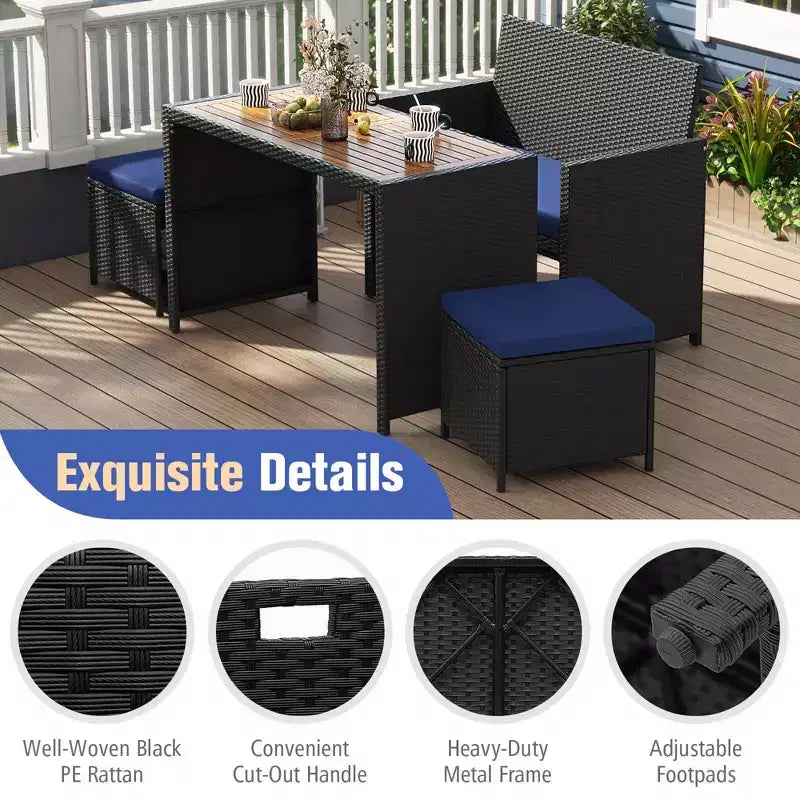 Costway 4 PCS Outdoor Dining Set, Rattan Loveseat Chair & 2 Ottomans Blue