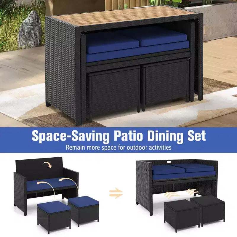Costway 4 PCS Outdoor Dining Set, Rattan Loveseat Chair & 2 Ottomans Blue