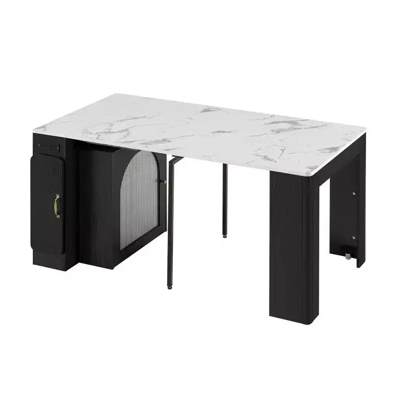 Whisen Extendable Dining Table, Mobile Rolling Island Table with 3 Removable Middle Leaves, Storage Cabinet