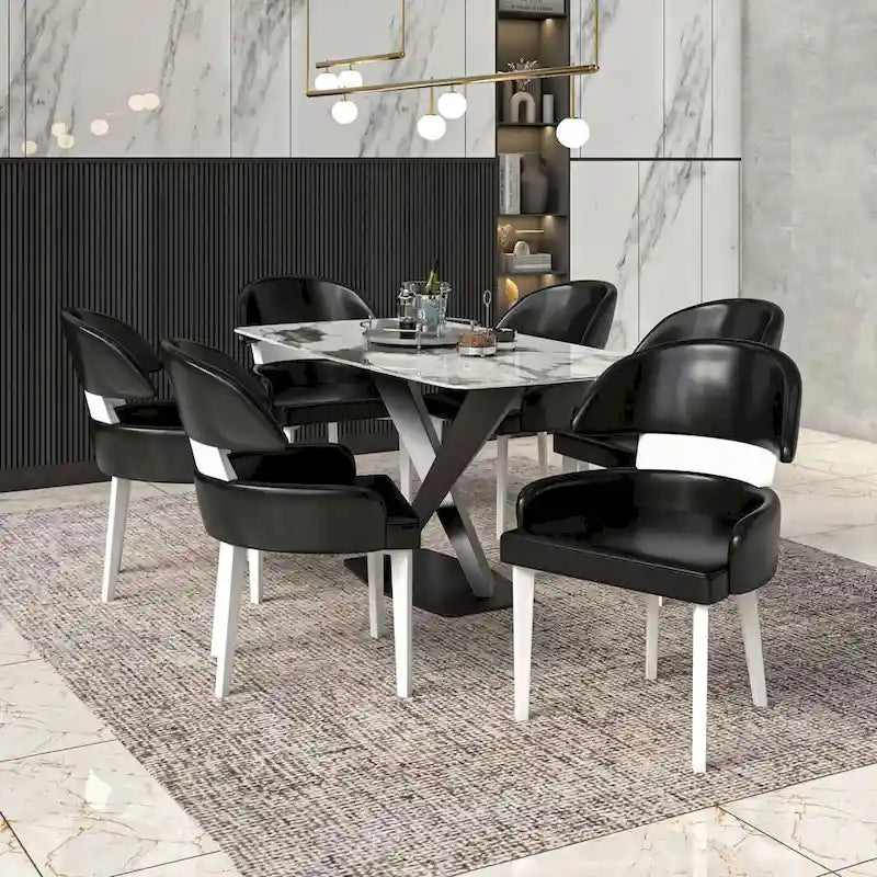 Silla de comedor con respaldo curvo de cuero vegano – Blanco / Negro / Topo / Gris, Asiento individual, Patas de madera de caucho
