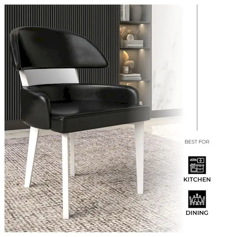 Silla de comedor con respaldo curvo de cuero vegano – Blanco / Negro / Topo / Gris, Asiento individual, Patas de madera de caucho