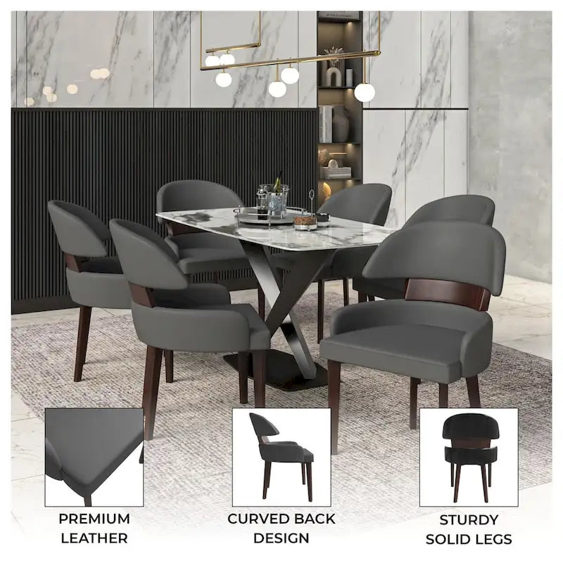 Silla de comedor con respaldo curvo de cuero vegano – Blanco / Negro / Topo / Gris, Asiento individual, Patas de madera de caucho