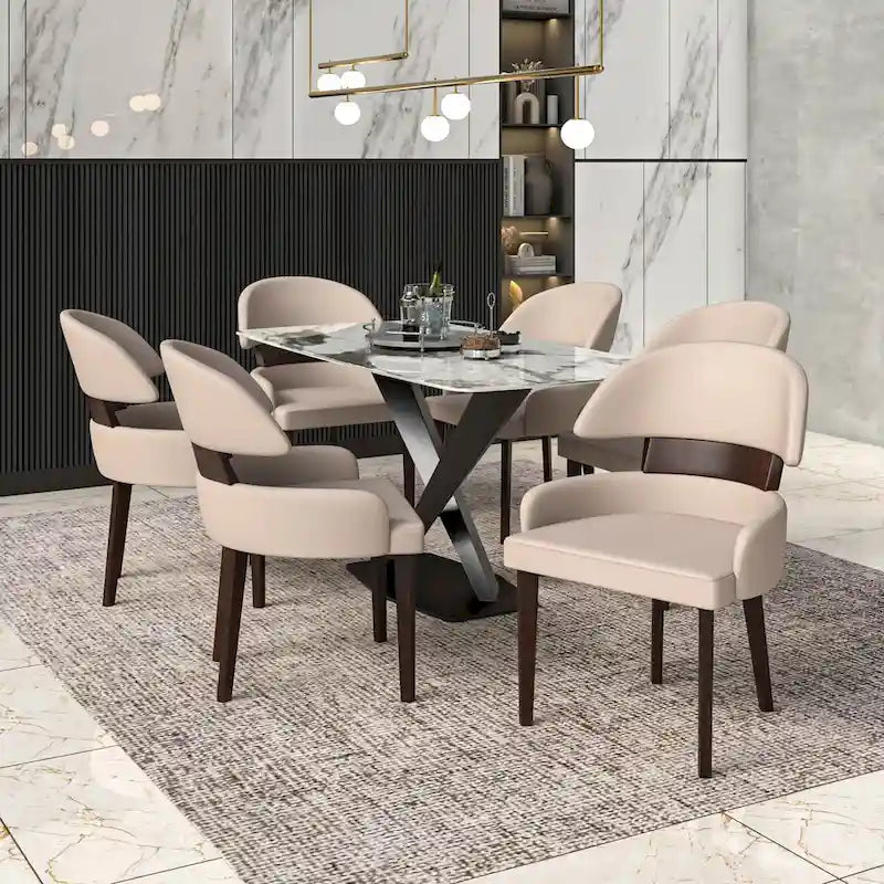 Silla de comedor con respaldo curvo de cuero vegano – Blanco / Negro / Topo / Gris, Asiento individual, Patas de madera de caucho