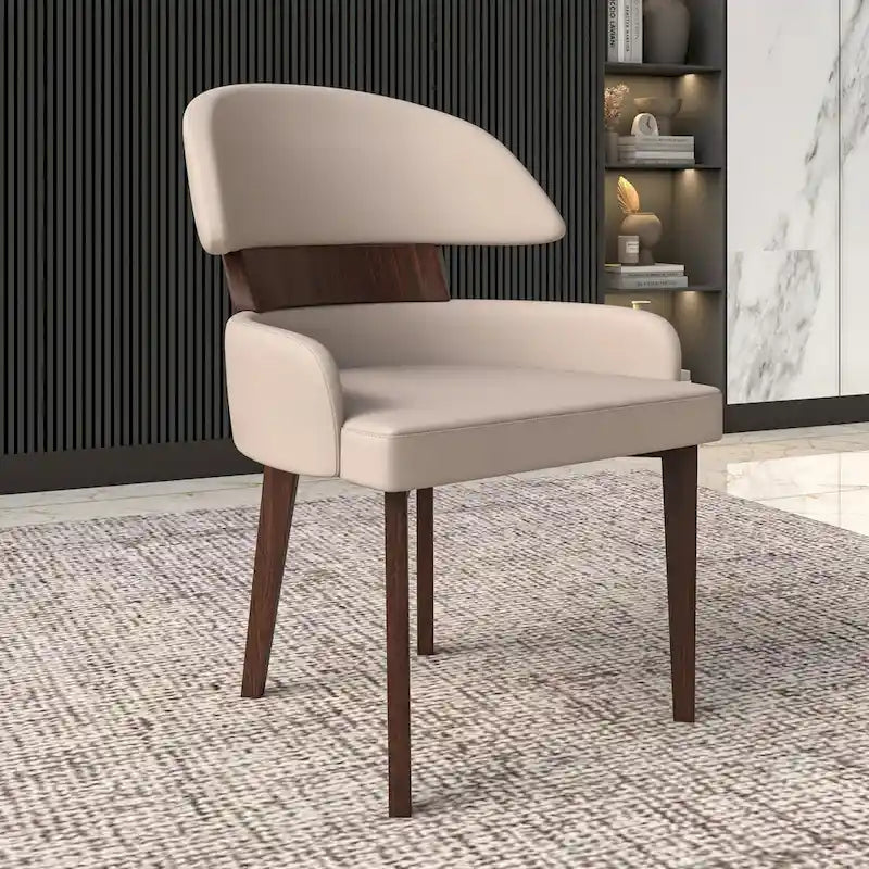 Silla de comedor con respaldo curvo de cuero vegano – Blanco / Negro / Topo / Gris, Asiento individual, Patas de madera de caucho