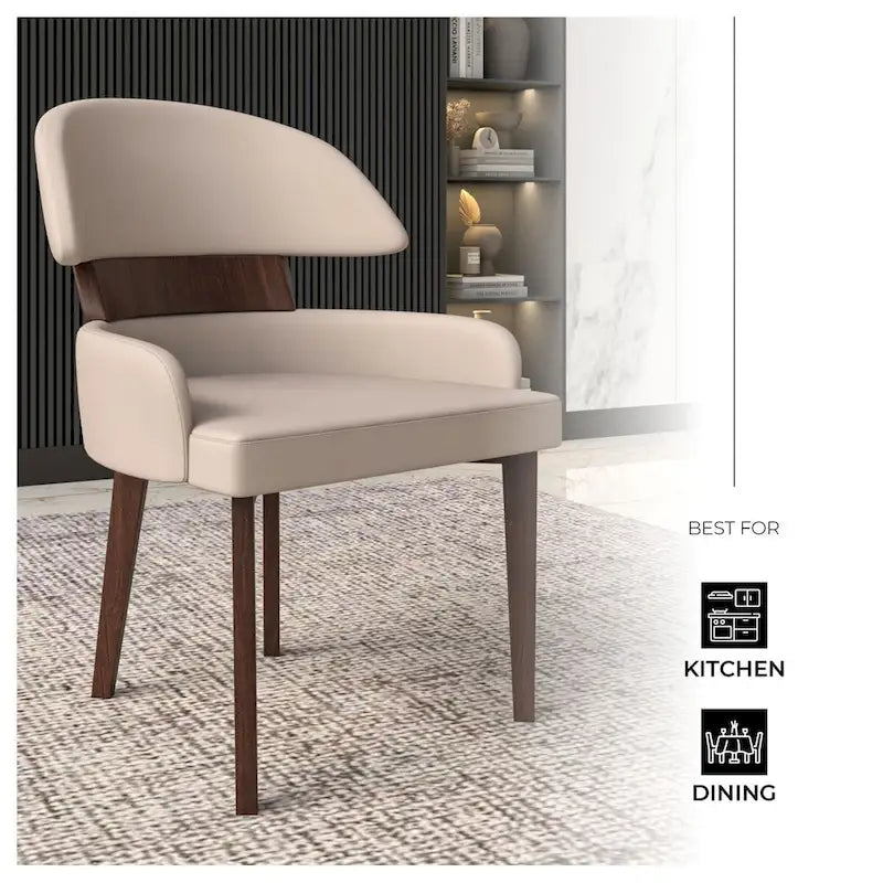 Silla de comedor con respaldo curvo de cuero vegano – Blanco / Negro / Topo / Gris, Asiento individual, Patas de madera de caucho
