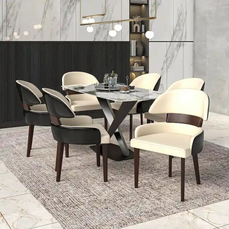 Silla de comedor con respaldo curvo de cuero vegano – Blanco / Negro / Topo / Gris, Asiento individual, Patas de madera de caucho
