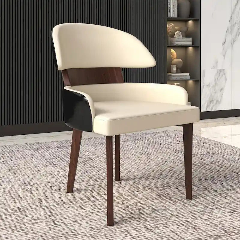 Silla de comedor con respaldo curvo de cuero vegano – Blanco / Negro / Topo / Gris, Asiento individual, Patas de madera de caucho