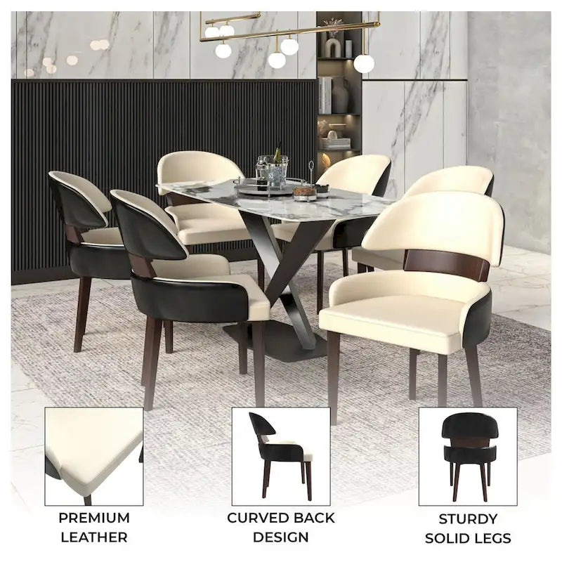 Silla de comedor con respaldo curvo de cuero vegano – Blanco / Negro / Topo / Gris, Asiento individual, Patas de madera de caucho