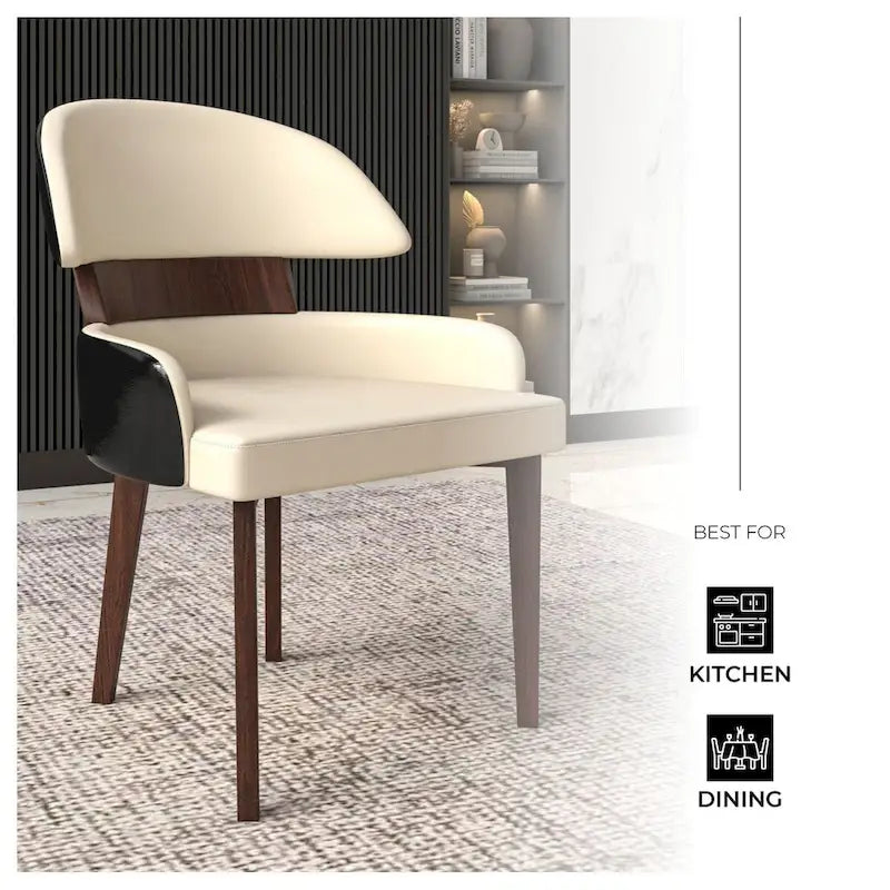 Silla de comedor con respaldo curvo de cuero vegano – Blanco / Negro / Topo / Gris, Asiento individual, Patas de madera de caucho