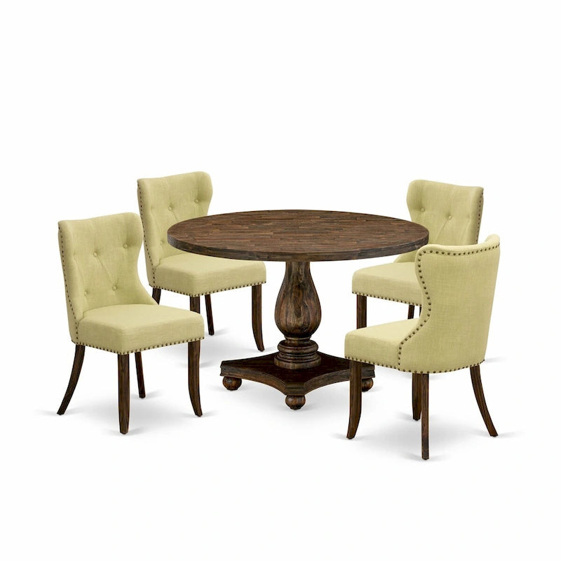 East West Furniture Juego de mesa de comedor - una mesa de comedor y sillas de tela de lino Limelight, Jacobean envejecido (opción de piezas)