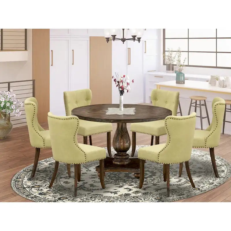 East West Furniture Juego de mesa de comedor - una mesa de comedor y sillas de tela de lino Limelight, Jacobean envejecido (opción de piezas)